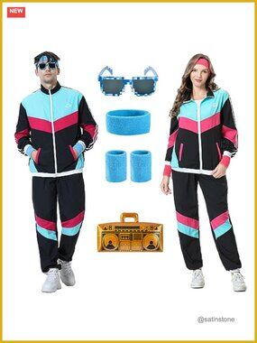 80s Retro Windbreaker Tracksuit Set 100% Polyester Unisex Costume 7 Piece